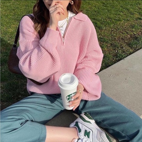 Korean Pink Ribbed Women's Sweater - Picture 1 of 6
